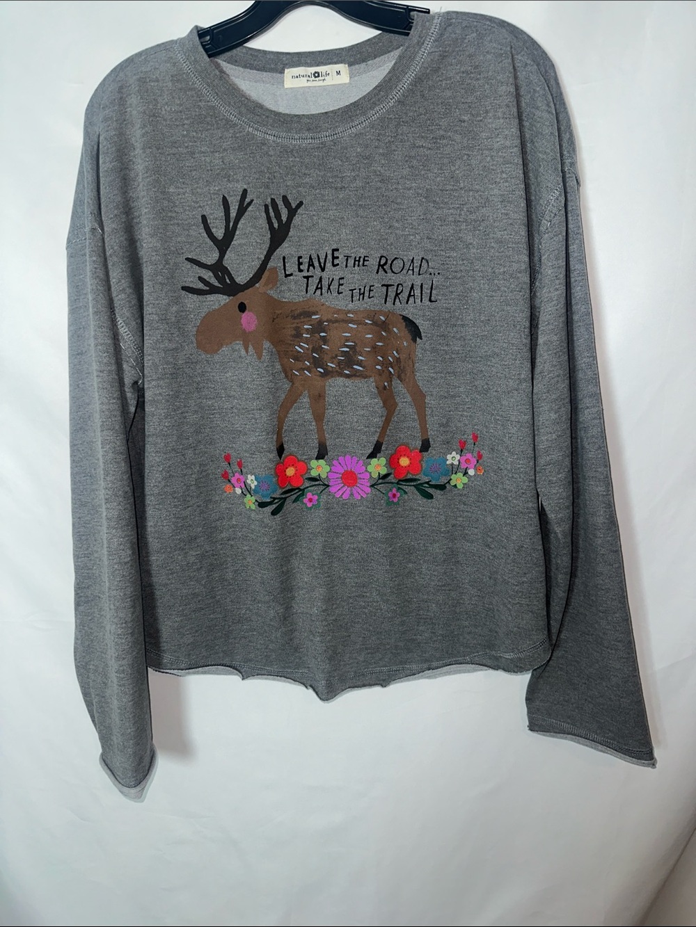 NATURAL LIFE Gray Long-Sleeve Moose Graphic Tee with Brown and Pink Accents